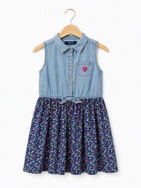 M·I·D Kids Mixed Media Chambray Floral Heart Utility Shirt Dress Sleeveless 7Y